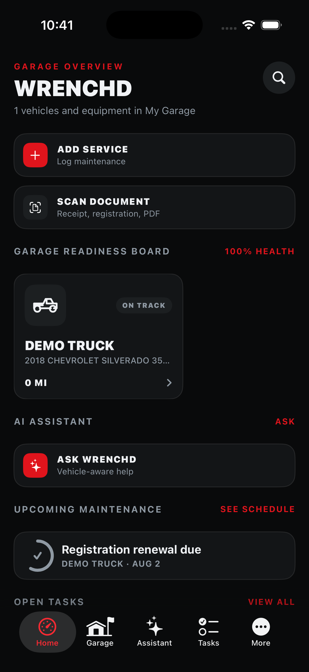 Wrenchd dashboard with add service, scan document, and a 100% health readiness board